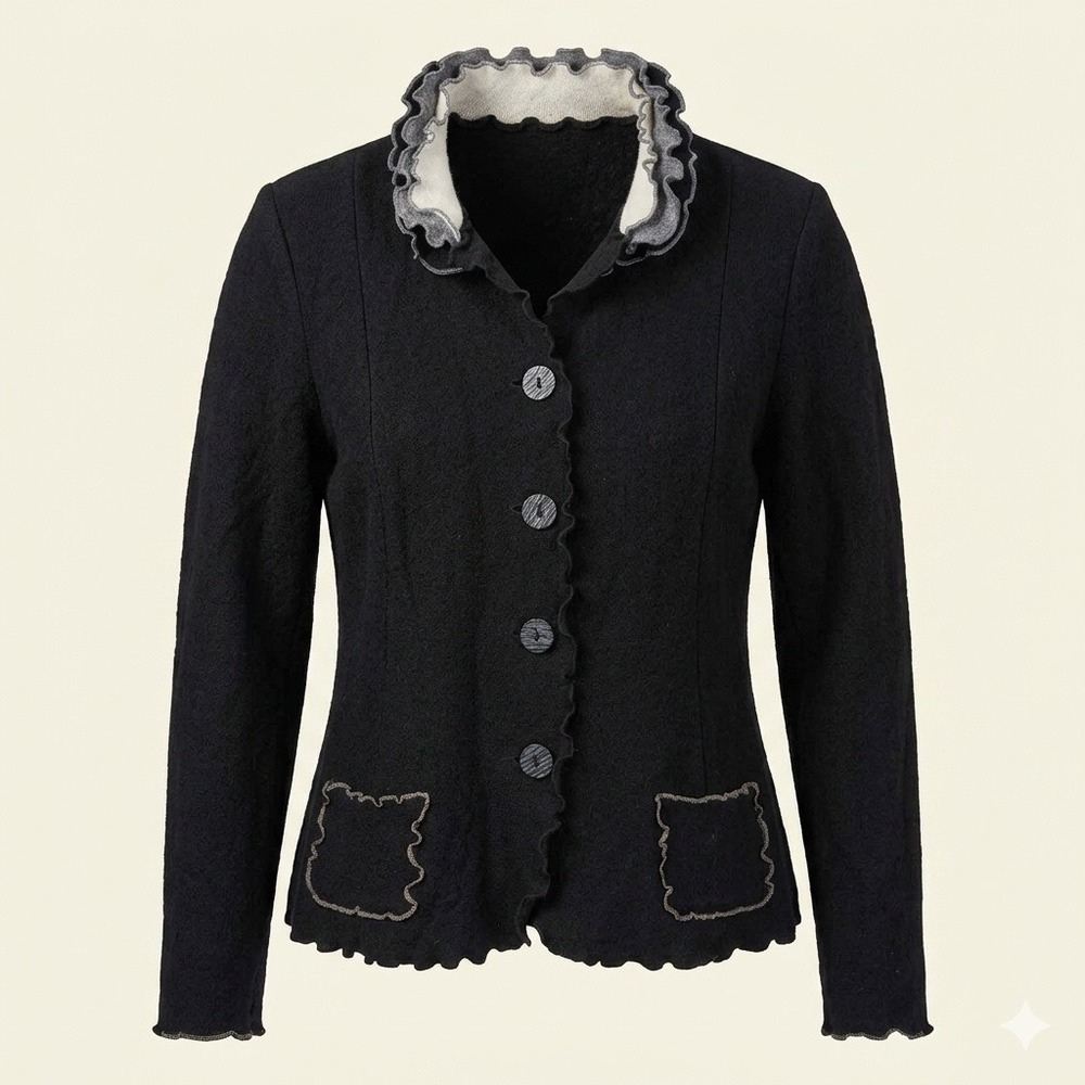 Venario Black Wool Ruffle Collar Knit Jacket Sweater Women S Chic Lagen Geiger